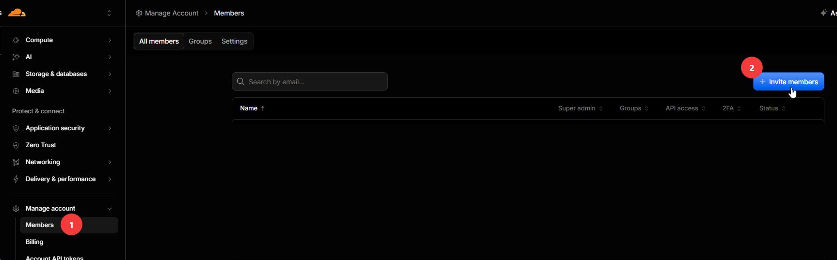 Manage Account, Members, Invite members